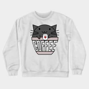 Happy cat in coffee cup holding a cup with warped text black Crewneck Sweatshirt